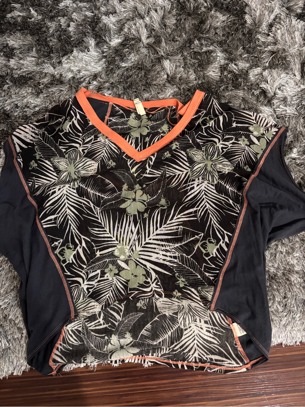 We The Free Black Tropical Print V-Neck Top with Orange Trim